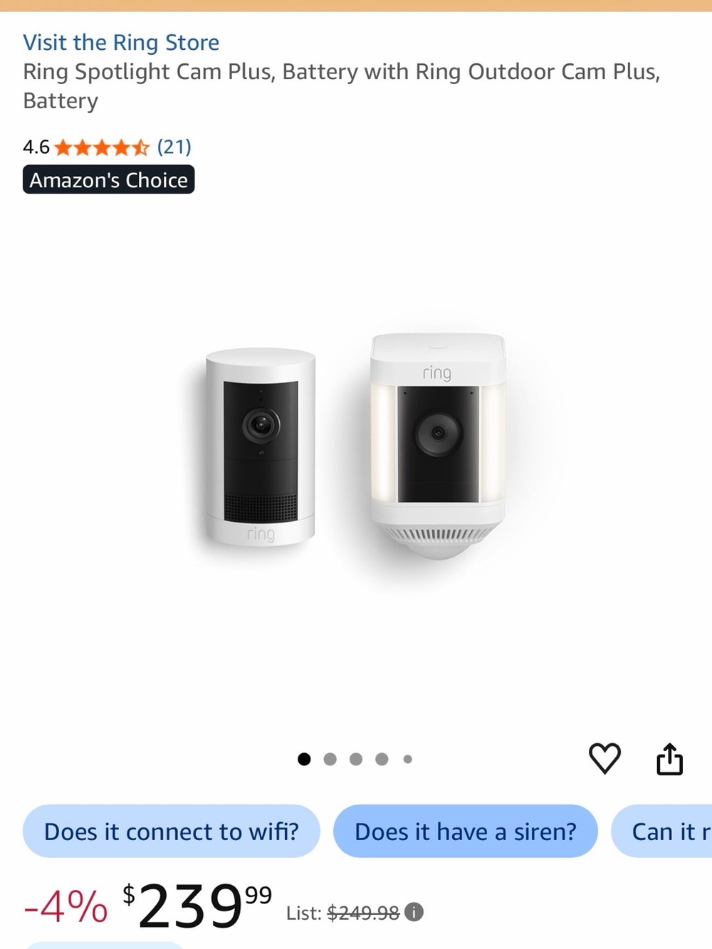 Ring spotlight camera plus battery with alarm sound option.